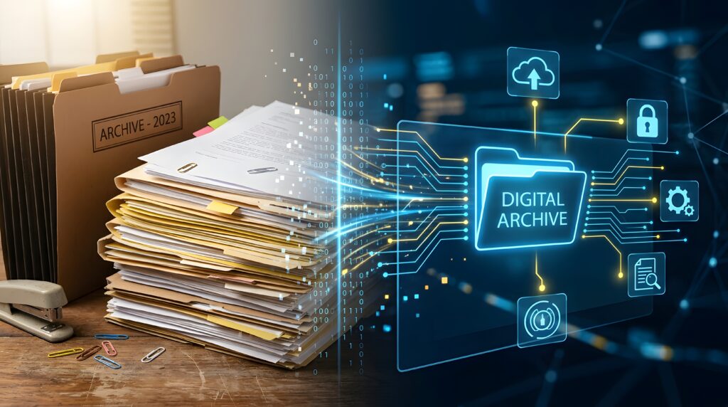 Paper Documents Transforming Into Digital Archive System Showing File Digitization Cloud Storage and Business Data Management